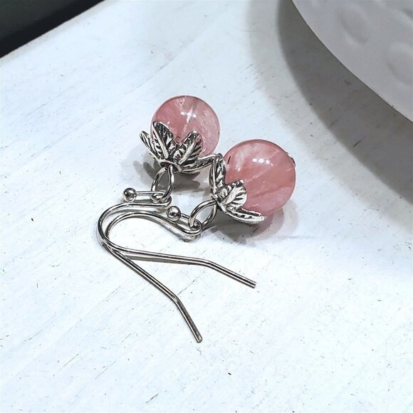 Artsy Leaf Capped Cherry Quartz Gemstone Dangle Silver Platinum Plated Earrings - Picture 9 of 11